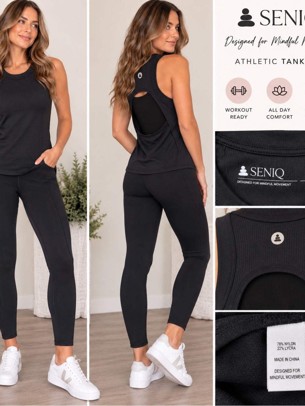 SENIQ Black Ribbed Racerback Athletic Tank NWT Small